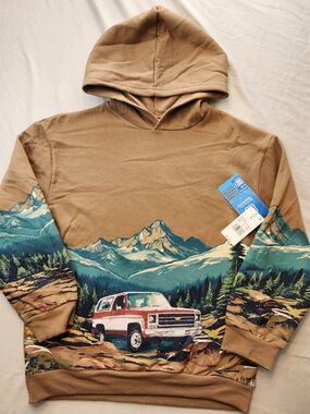 Kids Tan Hoodie with Mountain & Retro Blazer Graphic- Large